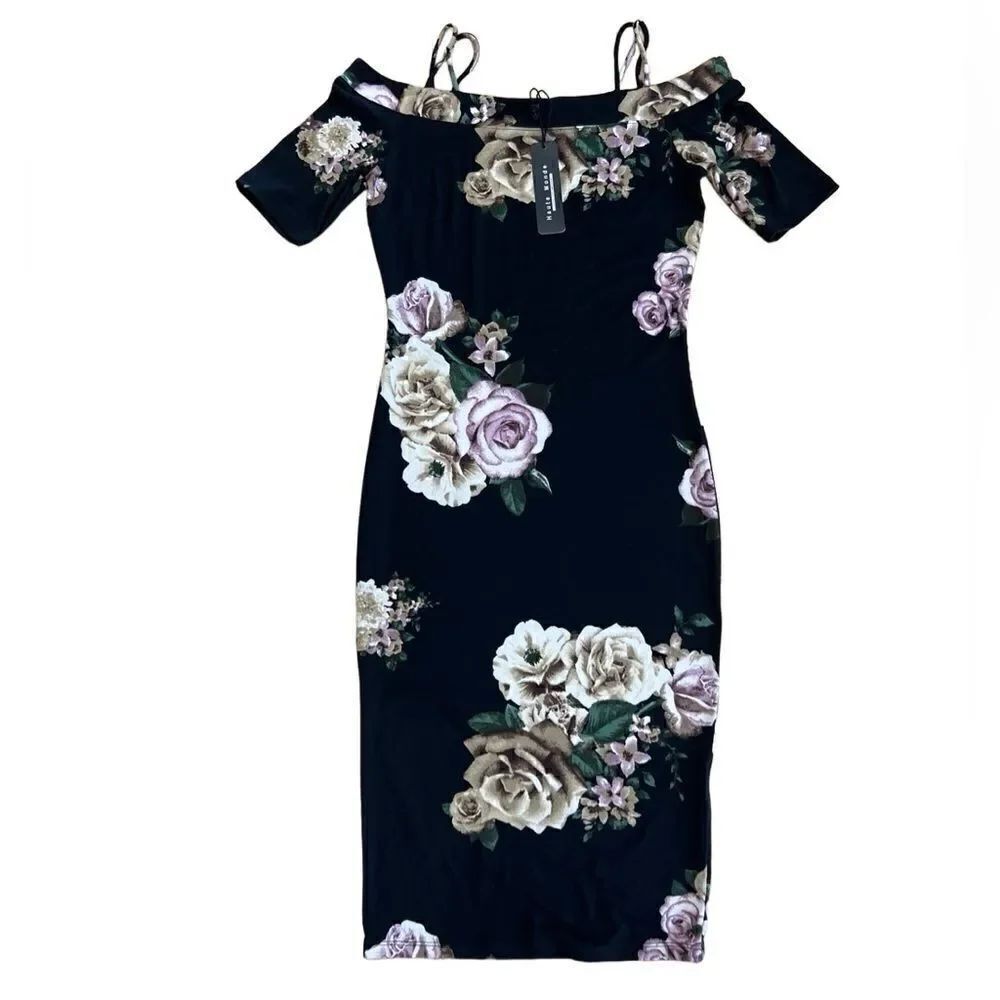 Haute Monde midi bodycon dress black floral size small